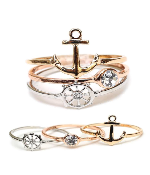 NAUTICAL ANCHOR AND WHEEL MULTI STACKABLE RING COMBO SET OF 3