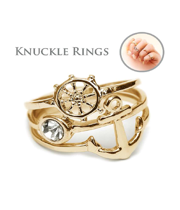 NAUTICAL ANCHOR AND WHEEL STACKABLE MULTI KNUCKLE RING COMBO SET OF 3