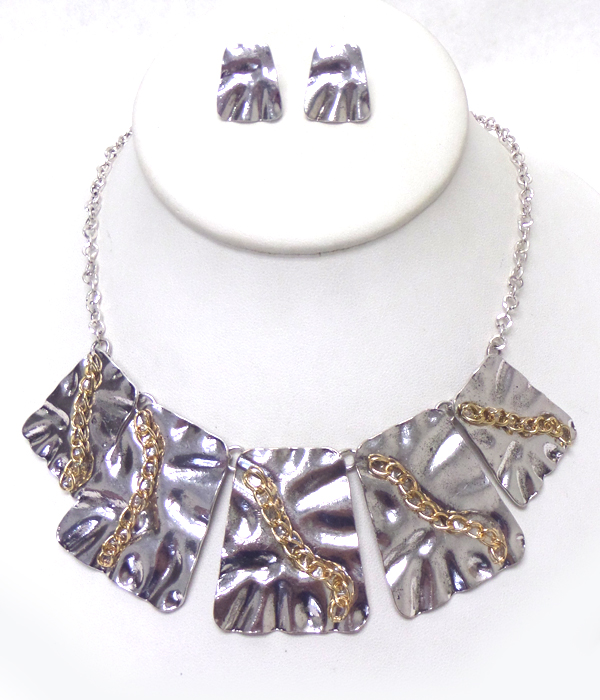 METAL CHAIN ON HAMMERED METAL PANNEL DROP NECKLACE SET
