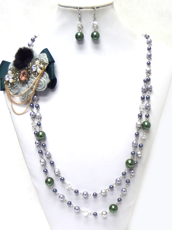 MULTI LAYER PEARL HANDMADE CORSAGE LONG NECKLACE SET