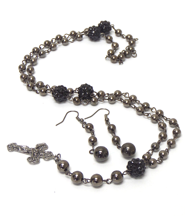 PEARL AND FIREBALL ROSARY LONG NECKLACE SET