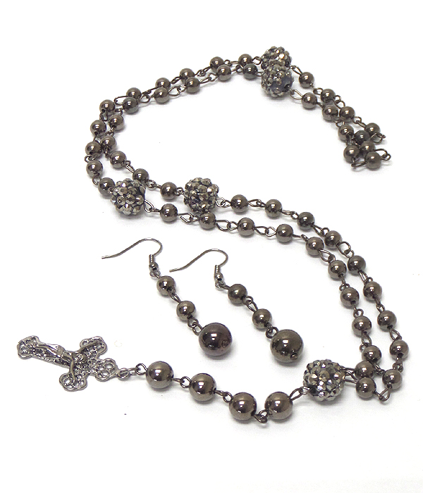 PEARL AND FIREBALL ROSARY LONG NECKLACE SET