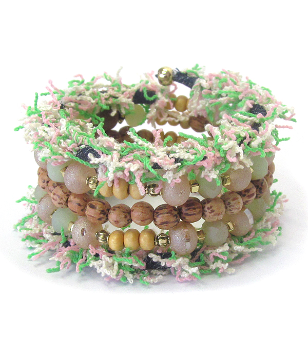 MULTI WOOD AND FACET GLASS BEAD MIX FABRIC COILED BRACELET