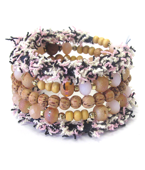 MULTI WOOD AND FACET GLASS BEAD MIX FABRIC COILED BRACELET