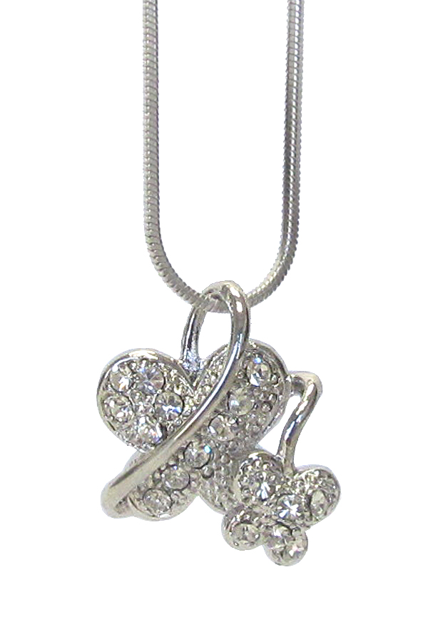 WHITEGOLD PLATING CRYSTAL STUD DUAL BUTTERFLY PENDANT NECKLACE