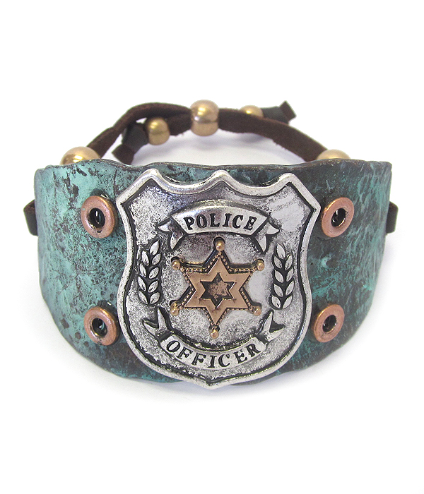 TEXTURED CHUNKY METAL AND SUEDE PULL TIE BRACELET - POLICE OFFICER