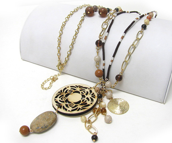 CHAIN FABRIC WOOD FLOWER NATURAL STONE  LONG NECKLACE SET