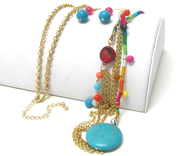 FABRIC AND METAL CHAIN NATURAL STONE DROP LONG NECKLACE SET