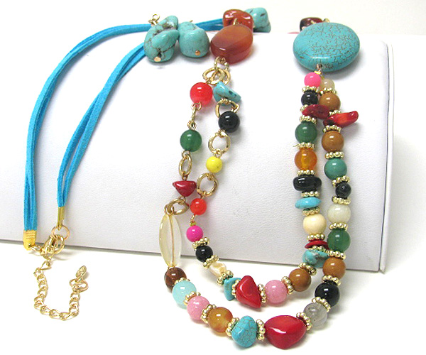 SUEDE MIX NATURAL STONE DOUBLE LAYER LONG NECKLACE SET