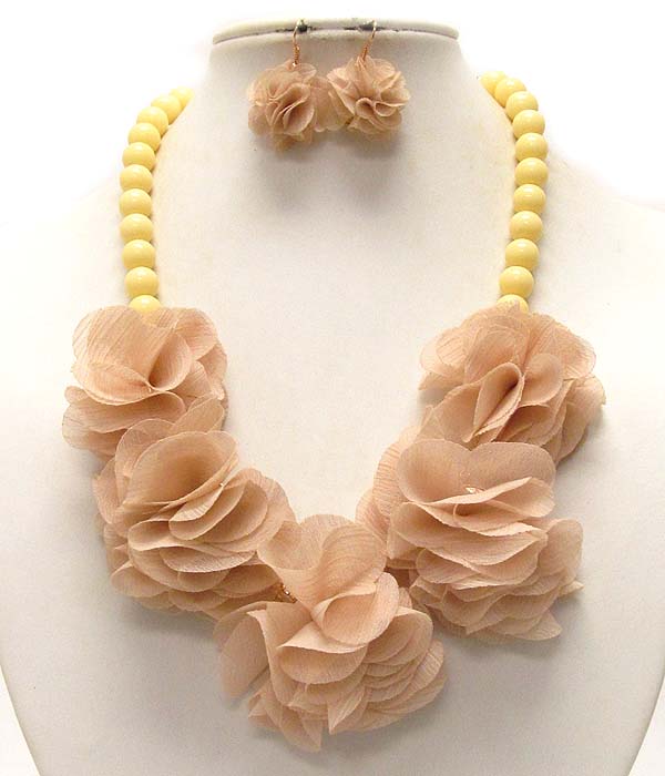 MULTI ACRLY BALLS WITH FIVE FABRIC FLOWER NECKLACE EARRING SET