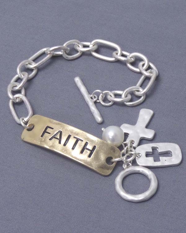 HAMMERED PLATE AND CROSS CHARM TOGGLE BRACELET - FAITH