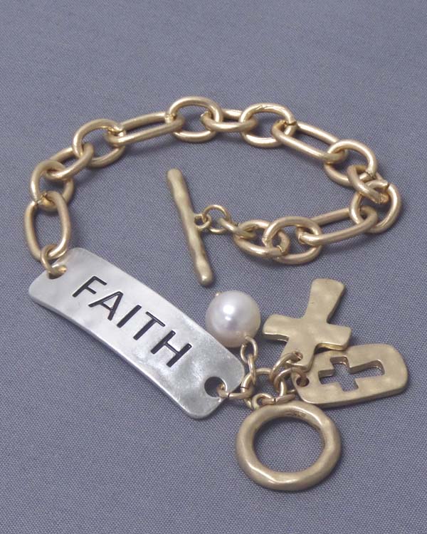 HAMMERED PLATE AND CROSS CHARM TOGGLE BRACELET - FAITH