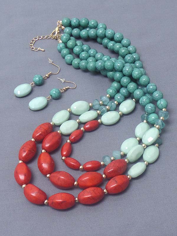 3 LAYERED TURQUOISE NECKLACE EARRING SET