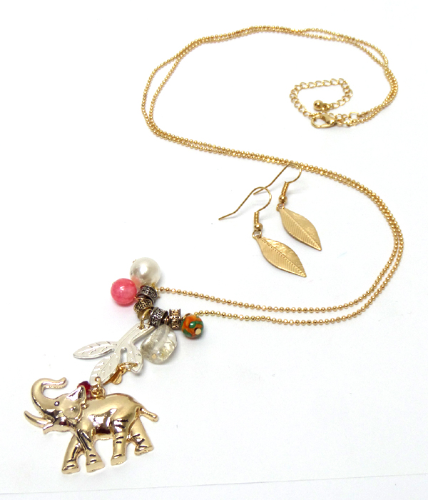 ELEPHANT WITH CHARMS METAL LONG NECKLACE SET