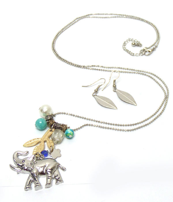 ELEPHANT WITH CHARMS METAL LONG NECKLACE SET 