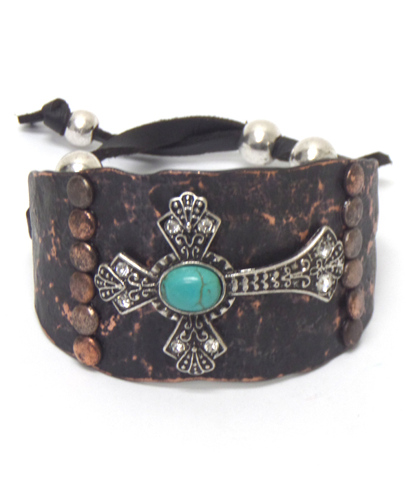 METAL TEXTURED WITH TURQUOISE STONE CROSS BRACELET