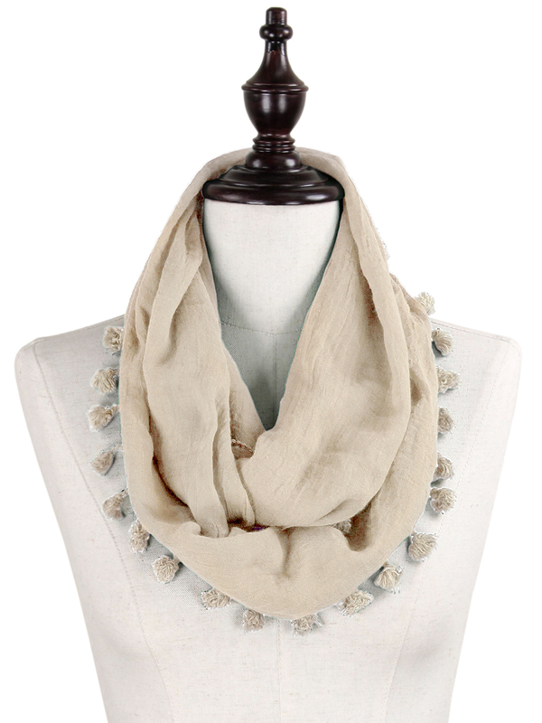 SOLID COLOR TASSEL INFINITY SCARF - 50% VISCOSE 50% POLYESTER