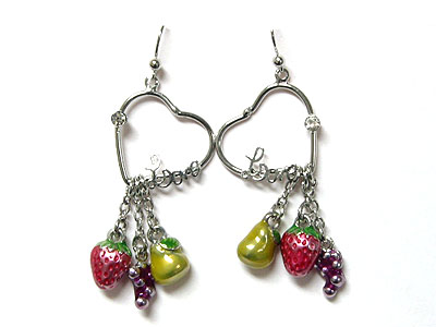 CRYSTAL HEART WITH STRAWBERRY GRAPE AND PEAR CHARM EARRING