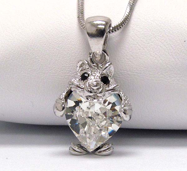 WHITEGOLD PLATING CRYSTAL FOX WITH GLASS HEART PENDANT NECKLACE