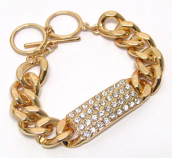 CRYSTAL METAL PLATE THICK CHAIN TOGGLE BRACELET