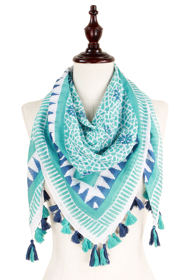 AZTEC PATTERN AND TASSEL SQUARE SCARF - 100% COTTON -western