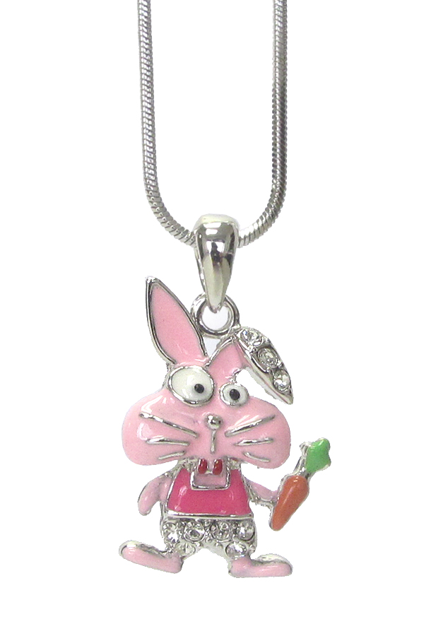 WHITEGOLD PLATING EPOXY AND CRYSTAL DECO CARROT BUNNY PENDANT NECKLACE