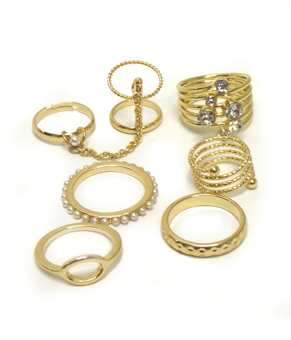 CRYSTAL AND PEARL MIX MULTI SLAVE AND STACKABLE RING COMBO SET OF 8