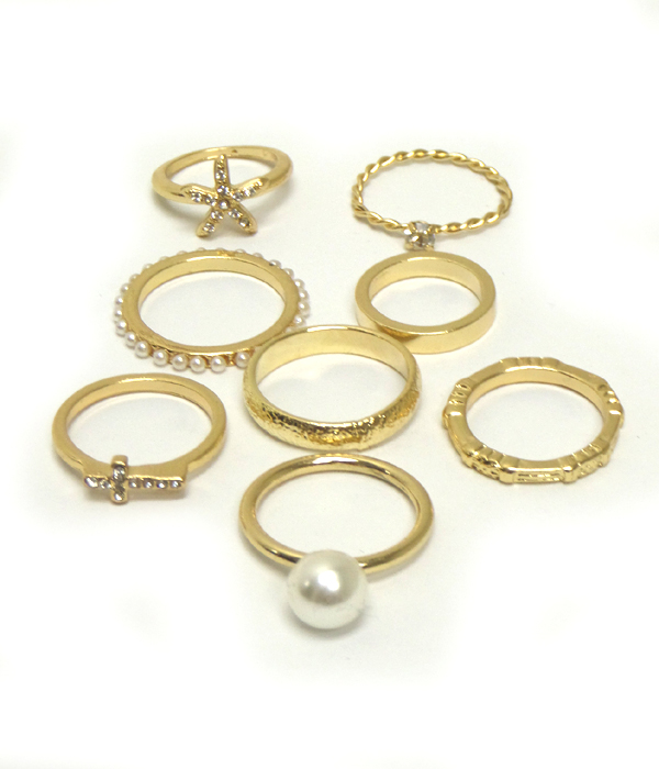 CRYSTAL AND PEARL MIX MULTI SLAVE AND STACKABLE RING COMBO SET OF 8