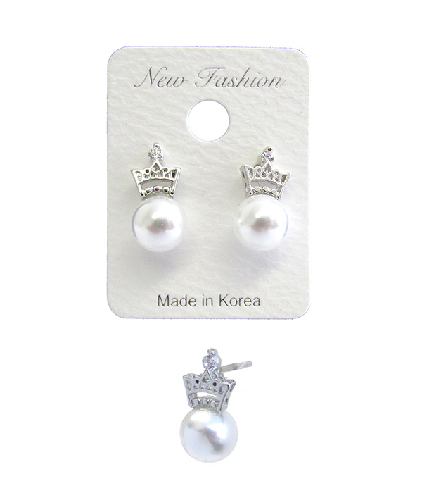 MADE IN KOREA WHITEGOLD PLATING CROWN AND PEARL STUD EARRING
