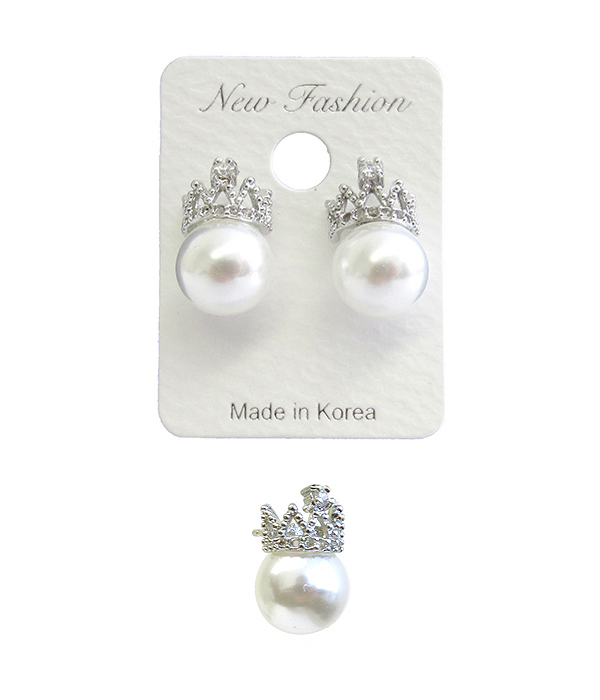 MADE IN KOREA WHITEGOLD PLATING CROWN AND PEARL STUD EARRING