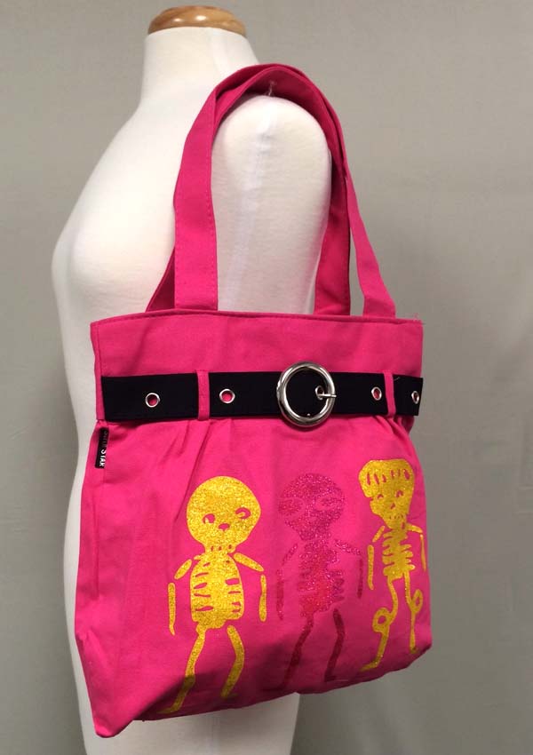 THREE SKULL AND SKELETON AND BELT ACCENT ZIPPER TOP TOTE BAG