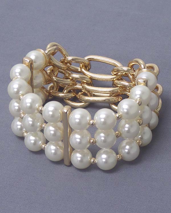 3 LAYER STRETCH PEARL AND CHAIN BACK BRACELET