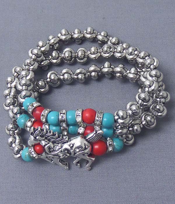 HORSE THEME CRYSTAL RONDELLE AND TURQUOISE LINK STRETCH WRAP BRACELET