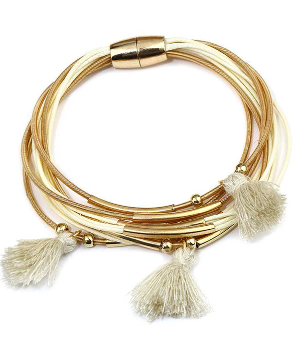 MULTI METAL AND CORD CHAIN MIX TASSEL MAGNETIC BRACELET