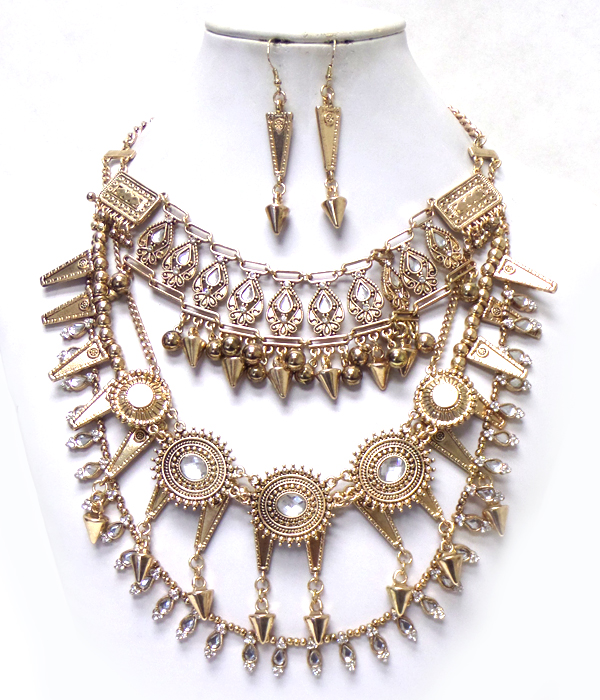 BAROQUE BOLD MULTI LAYER METALS LINKED WITH SPIKES NECKLACE SET?