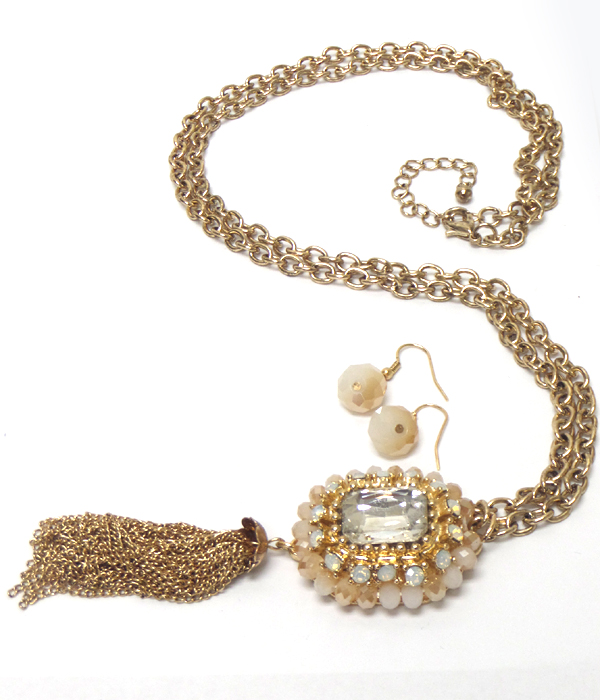 CHAIN WITH STONES AND TASSEL DROP LONG NECKLACE SET 
