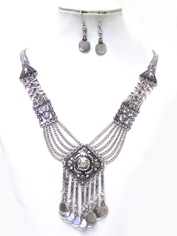 CHAIN AND COIN DROP METAL TEXTURED NECKLACE SET 