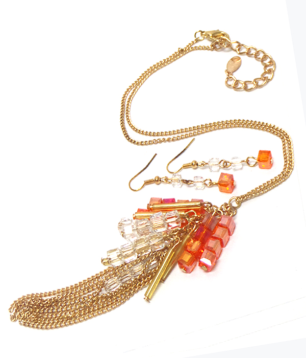 GLASS CUBE AND METAL TASSEL DROP LONG NECKLACE SET