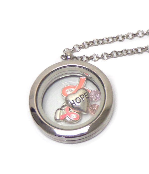 ORIGAMI STYLE FLOATING PINK RIBBON CHARMS INSIDE LOCKET PENDANT NECKLACE - BREAST CANCER AWARENESS