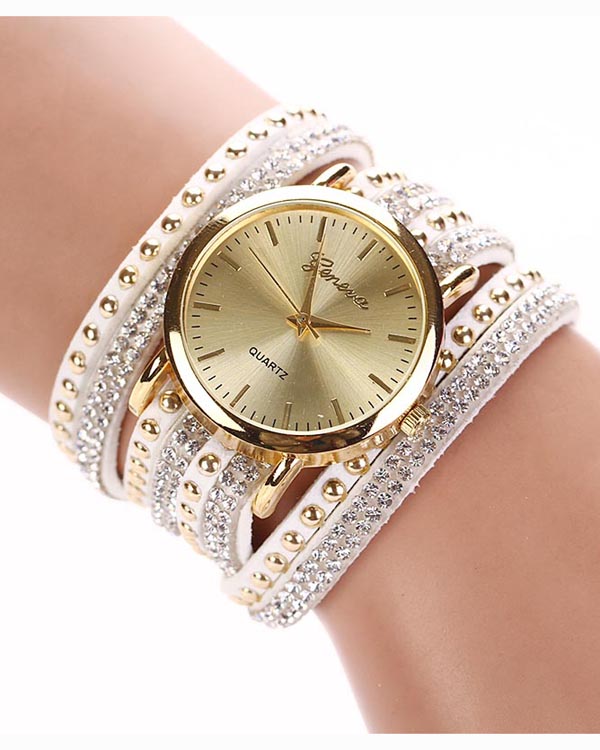 ROUND FACE CRYSTAL LEATHER WRAP WATCH