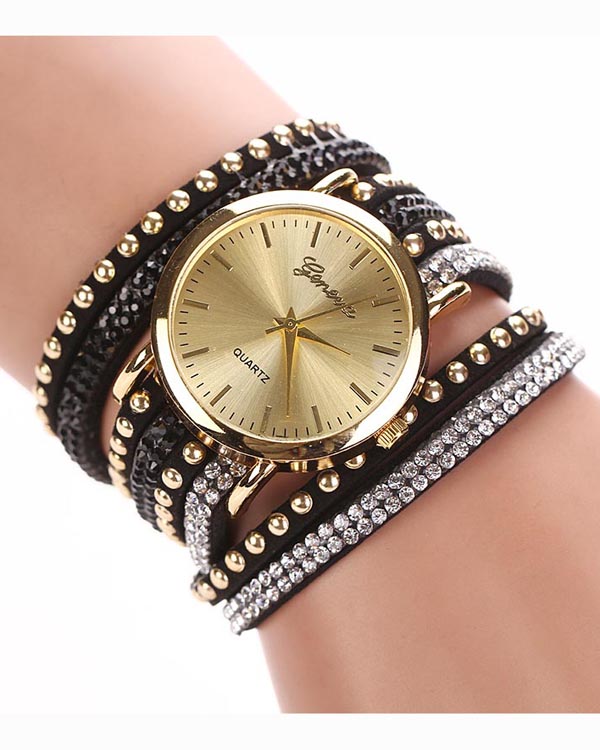 ROUND FACE CRYSTAL LEATHER WRAP WATCH