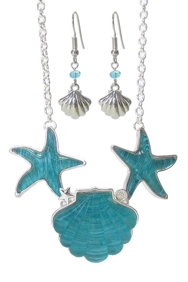 SEALIFE THEME TEXTURED PUFFY PENDANT LINK NECKLACE SET - STARFISH SHELL