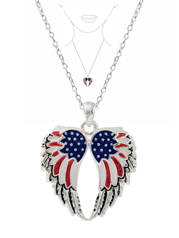PATRIOTIC THEME AMERICAN FLAG DOUBLE ANGEL WING NECKLACE