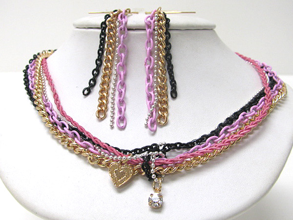 MULTI CHAIN AND TWISTED FABRIC DROP HEART AND CRYSTAL NECKLACE EARRING SET