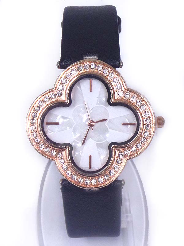 MOP AND CRYSTAL FACE LEATHER BAND WATCH