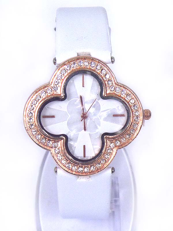 MOP AND CRYSTAL FACE LEATHER BAND WATCH
