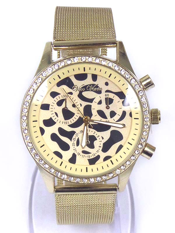 CRYSTAL AND ANIMAL PRINT FACE AND METAL MESH BAND WATCH
