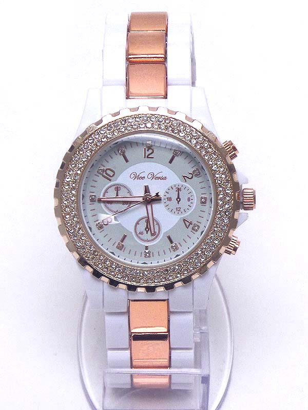 CRYSTAL DIAL DESIGNER LOOK ACRYL AND METAL BAND WATCH
