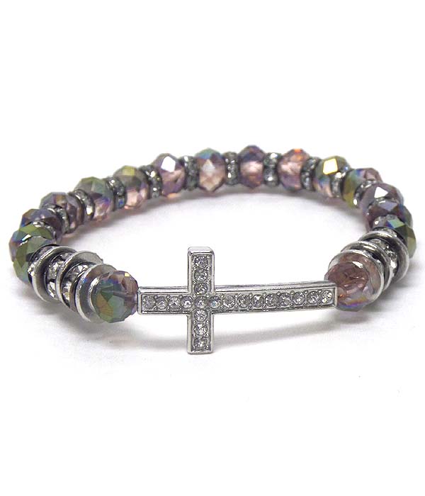 CRYSTAL CROSS AND CRYSTAL RONDELLE AND GLASS BEAD STRETCH BRACELET