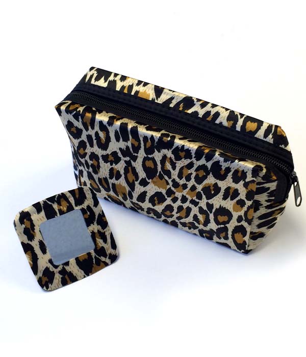 LEOPARD PRINT AND ZIPPER TOP COSMETIC POUCH AND HAND MIRROR SET